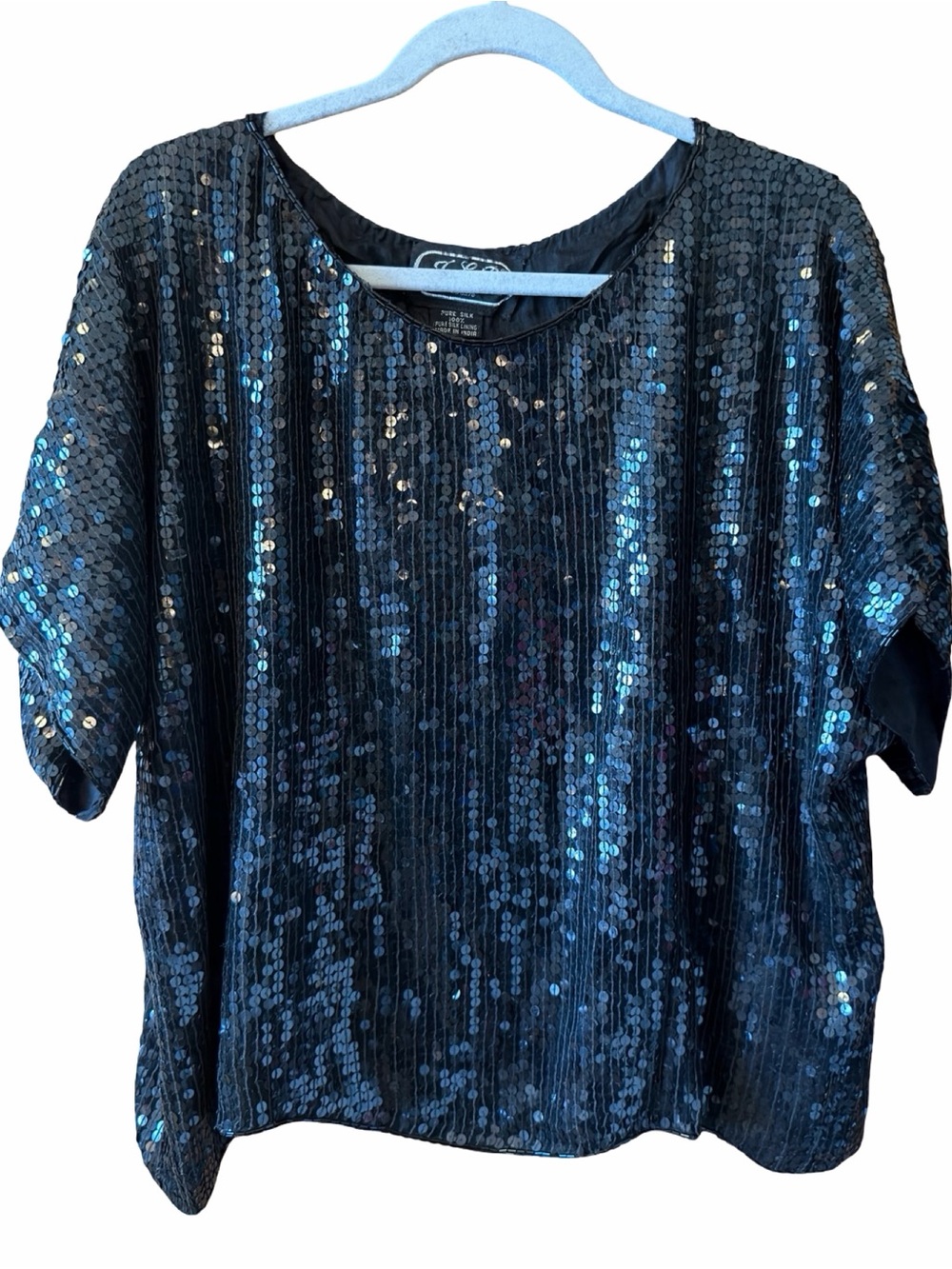 Vintage 80’s Silk Sequin Short-Sleeve Women’s Top - Elegant Evening Wear